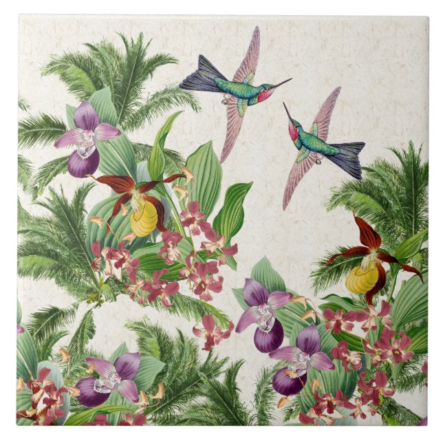 Hummingbird Birds Orchid Flowers Ceramic Tile (Front)