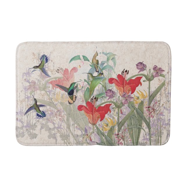 Hummingbird Birds Red Lily Flowers Bathmat (Front)