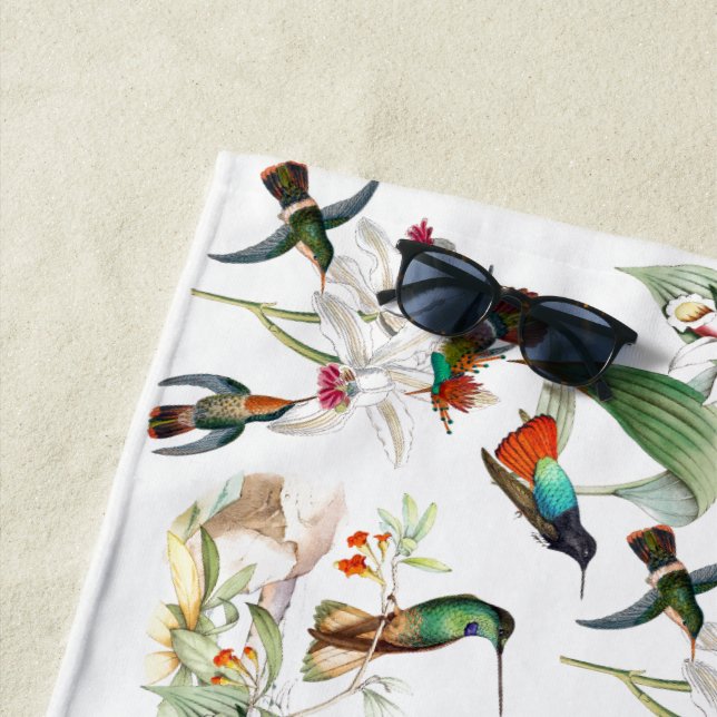 Hummingbird Birds Tropical Flowers Beach Towel (In Situ)