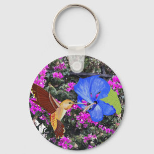 Hummingbird, Blue Hibiscus, & Bougainvillea Key Ring