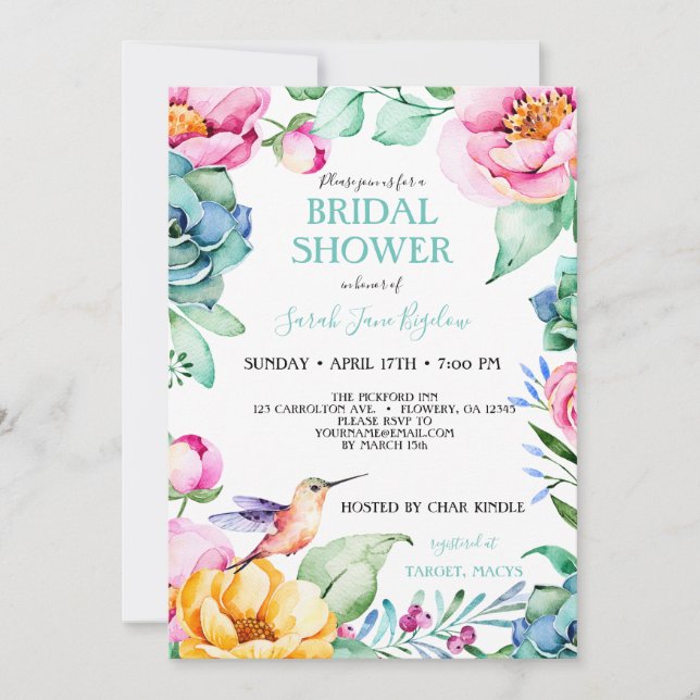 Hummingbird Boho Bridal Shower Invitation (Front)