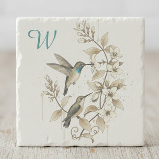 Hummingbird botanical teal watercolor stone coaster