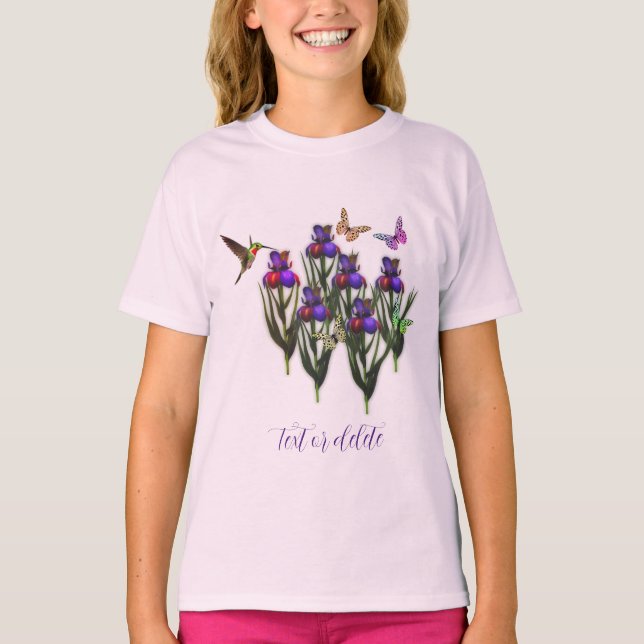 Hummingbird Butterflies Iris Flowers Personalised T-Shirt (Front)