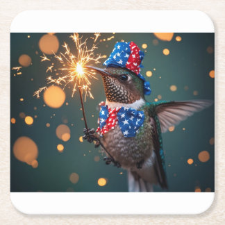 Hummingbird Celebrating Fourth of July Square Paper Coaster