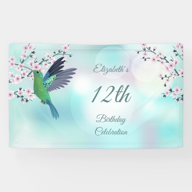 Hummingbird Cherry Blossom Girl's Birthday Banner (Horizontal)