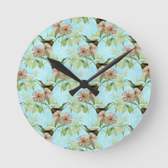 Hummingbird Colibri Green Leaf Spring Vibes Round Clock (Front)