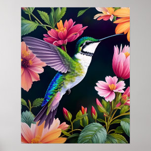 Hummingbird Colourful Flowers Art Poster