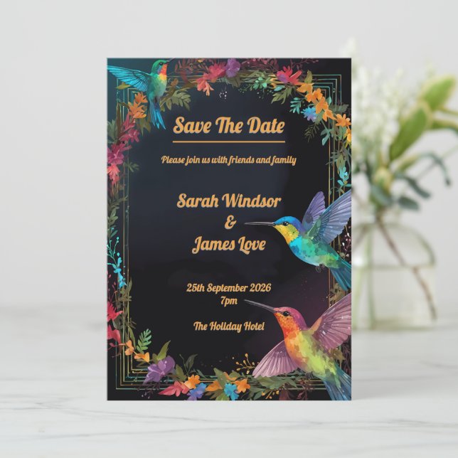 Hummingbird Dark Botanical Theme Invitation (Standing Front)