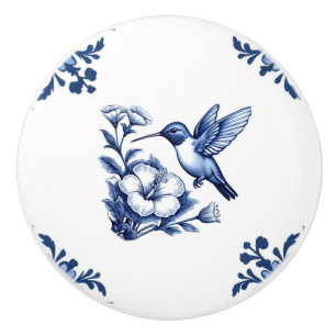 Hummingbird Delft Blue White Floral Corners Bird Ceramic Knob