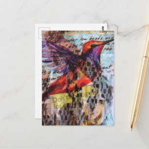 Hummingbird don't apologise for caring mixed media postcard
