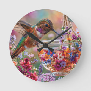 Hummingbird Drinking Nectar from Floral Teacup Round Clock