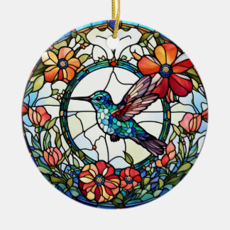Hummingbird Faux Stained Glass Bird Ceramic Tree Decoration