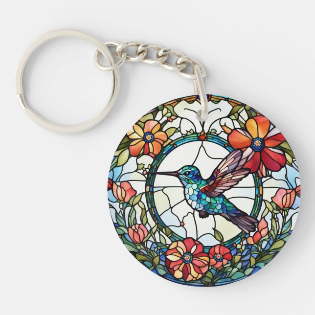 Hummingbird Faux Stained Glass Bird Key Ring (Front)