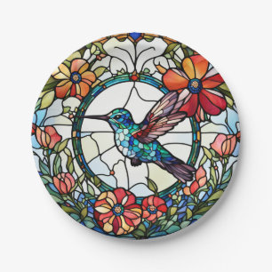 Hummingbird Faux Stained Glass Bird Paper Plate
