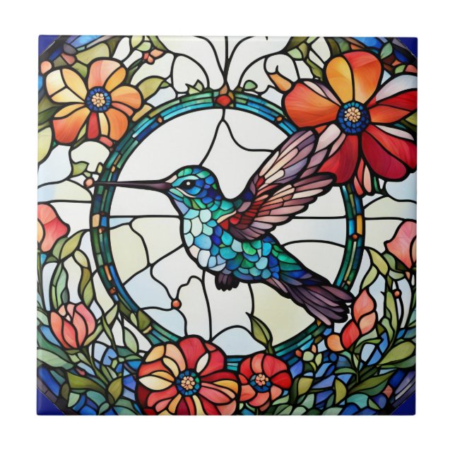 Hummingbird Faux Stained Glass Bird Tile (Front)