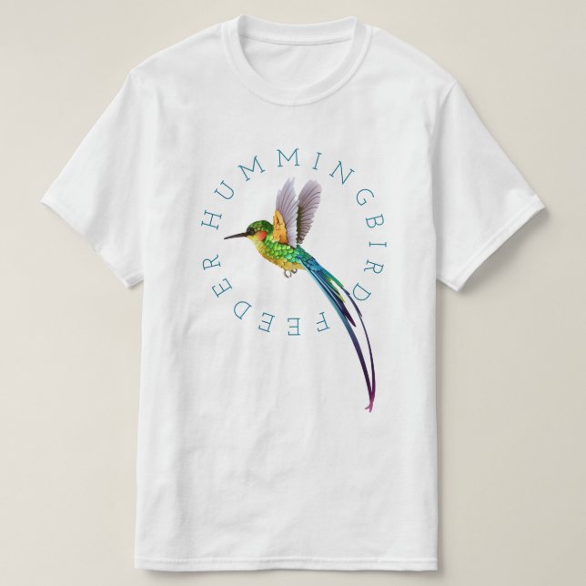 Hummingbird Feeder Blue Long-Tailed Hummingbird T-Shirt (Design Front)