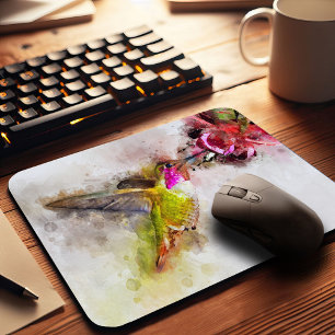 Hummingbird Feeding on Pink Flower Watercolor Mouse Pad