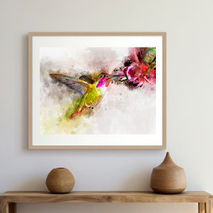 Hummingbird Feeding on Pink Flower Watercolor Photo Print