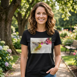 Hummingbird Feeding on Pink Flower Watercolor T-Shirt