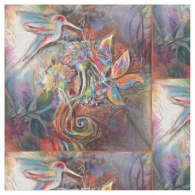 Hummingbird Flight Soft Pastels Art Fabric (Close Up)