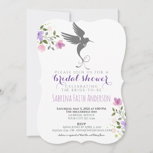 Hummingbird Floral Elegant Lilac Bridal Shower Invitation (Front)