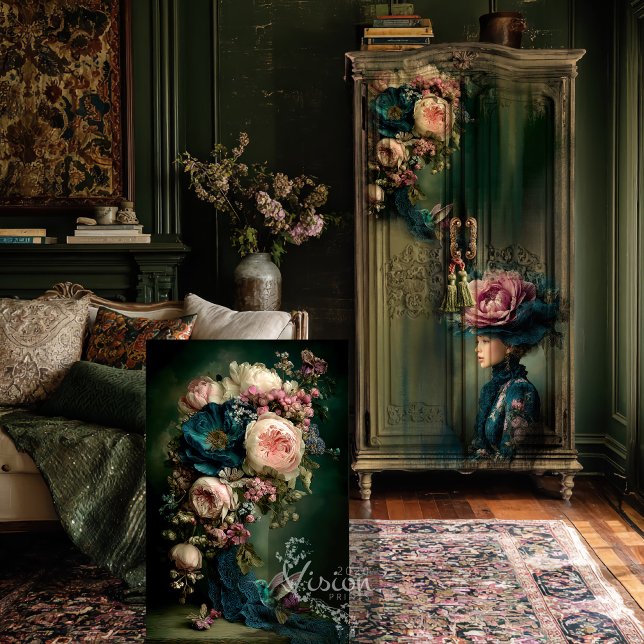 Hummingbird & Floral Fantasy Bouquet Tissue Paper (Hummingbird & Bouquet Floral, Emerald Green and Pink Decoupage Tissue Paper)