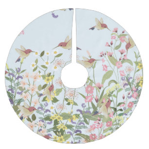 Hummingbird Floral Garden Vintage Illustration Brushed Polyester Tree Skirt