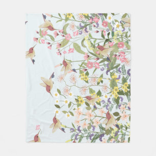 Hummingbird Floral Garden Vintage Illustration Fleece Blanket