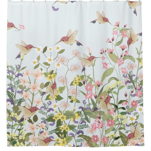 Hummingbird Floral Garden Vintage Illustration Shower Curtain (Front)