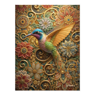 Hummingbird Floral Mosaic Art - Vibrant Nature Pos Photo Print