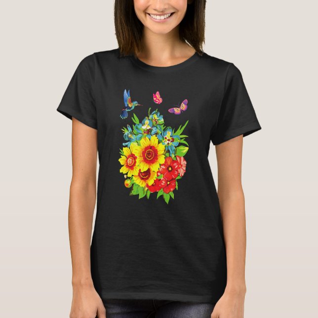 Hummingbird Flower Butterfly Design T-Shirt (Front)