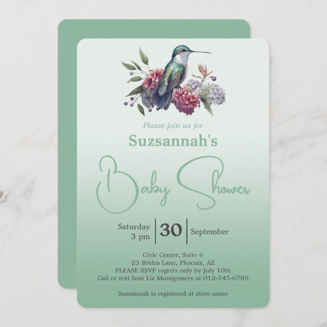 Hummingbird & Flowers Green Ombre Baby Shower Invitation (Front/Back)