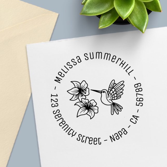 Hummingbird Flowers Round Return Address Self-inking Stamp (Creator Uploaded)