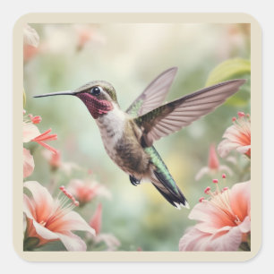 Hummingbird Flowers Watercolor Art Square Sticker