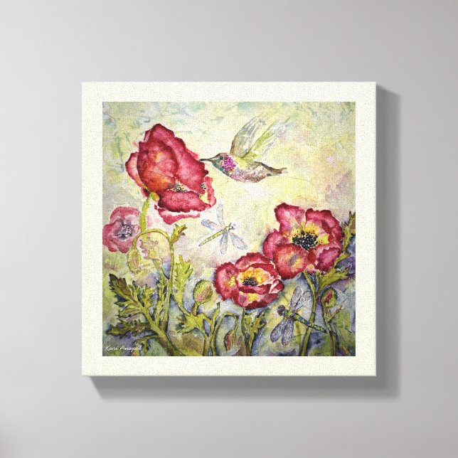 Hummingbird Flowers Watercolor Print Canvas 10x10 (Front)