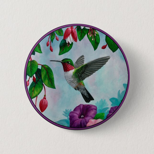 Hummingbird Flying in Flower Garden 6 Cm Round Badge (Front)