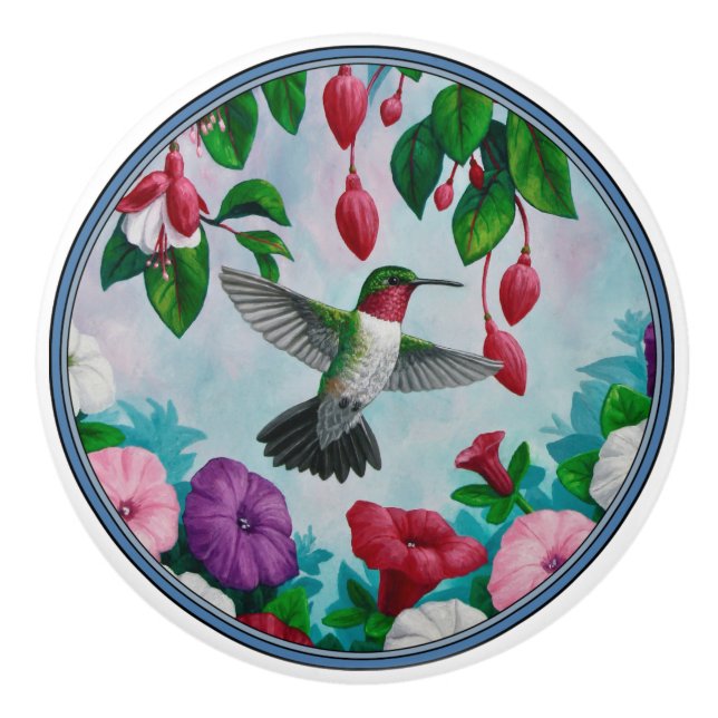 Hummingbird Flying in Flower Garden Ceramic Knob (Front)