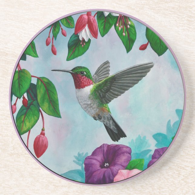 Hummingbird Flying in Flower Garden Coaster (Front)