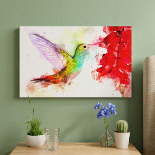 Hummingbird flying with flower Watercolor - 03 Canvas Print