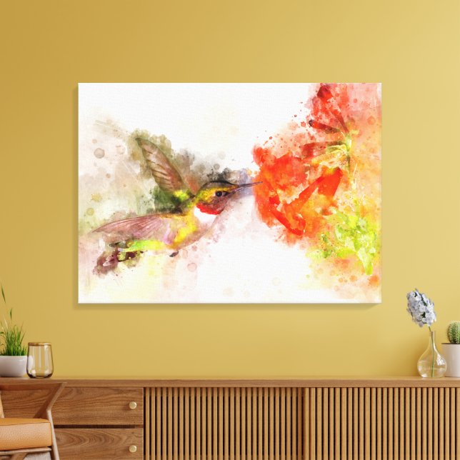 Hummingbird flying with flower Watercolor - 05 Canvas Print (Insitu(LivingRoom))