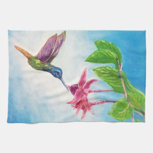 Hummingbird, fuschia, flowers, tea towel