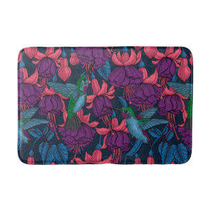 Hummingbird garden in purple and blue bath mat