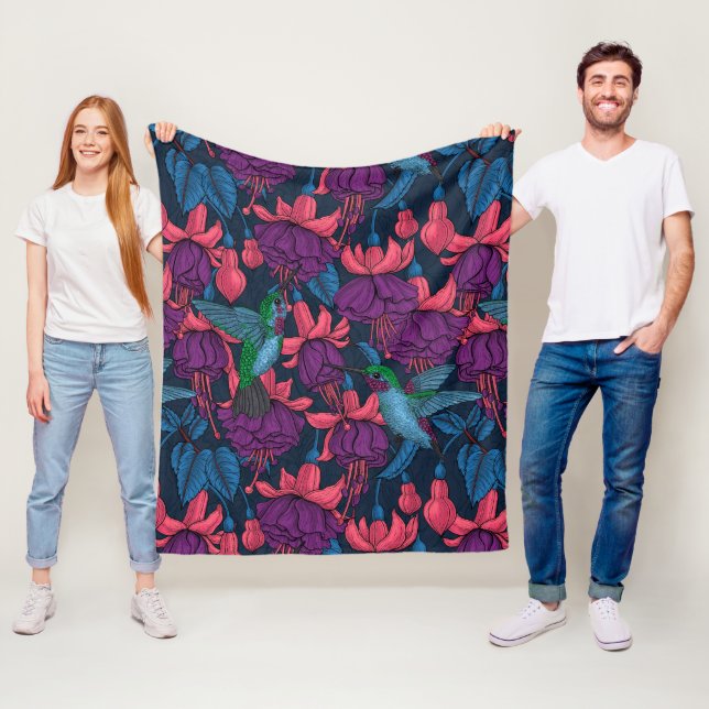 Hummingbird garden in purple and blue fleece blanket (In Situ)