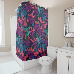 Hummingbird garden in purple and blue shower curtain