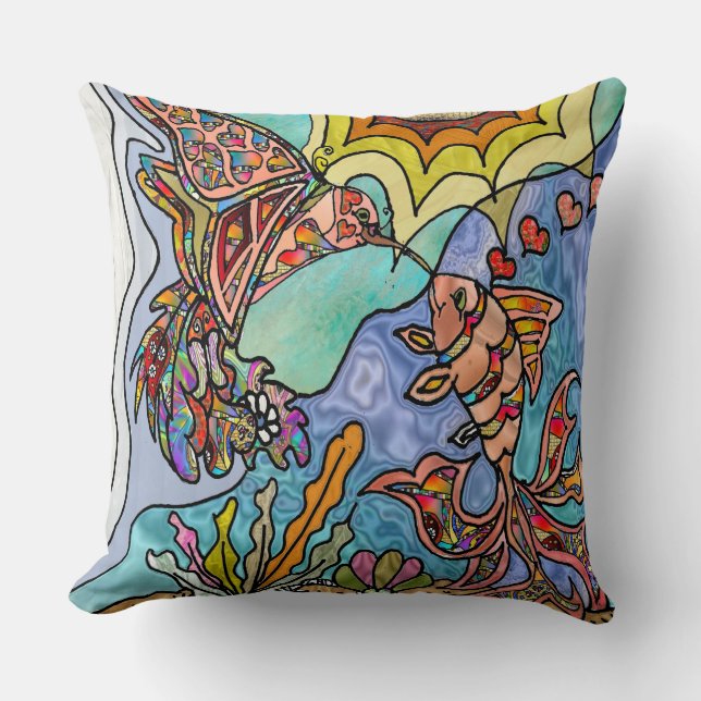 Hummingbird Goldfish Reflection Art Throw Pillow (Front)