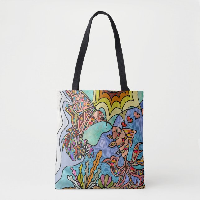 Hummingbird Goldfish Reflection Fantasy Art Tote Bag (Front)