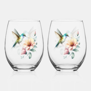 Hummingbird Harmony with Elegant Hibiscus Stemless Wine Glass