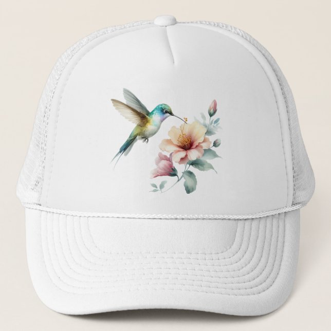 Hummingbird Harmony with Elegant Hibiscus Trucker Hat (Front)