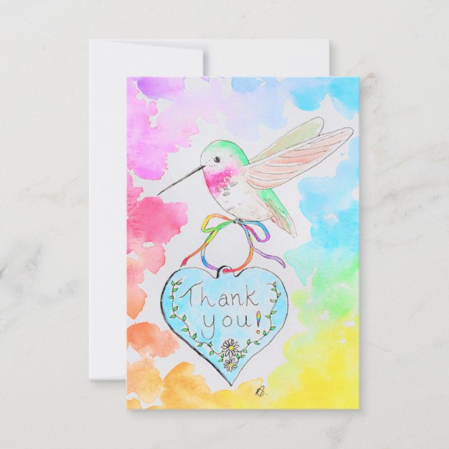 Hummingbird, Heart and Rainbows Thank You Card (Front)