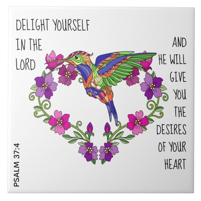 Hummingbird & Heart, w verse from Psalm 37:4 Tile (Front)